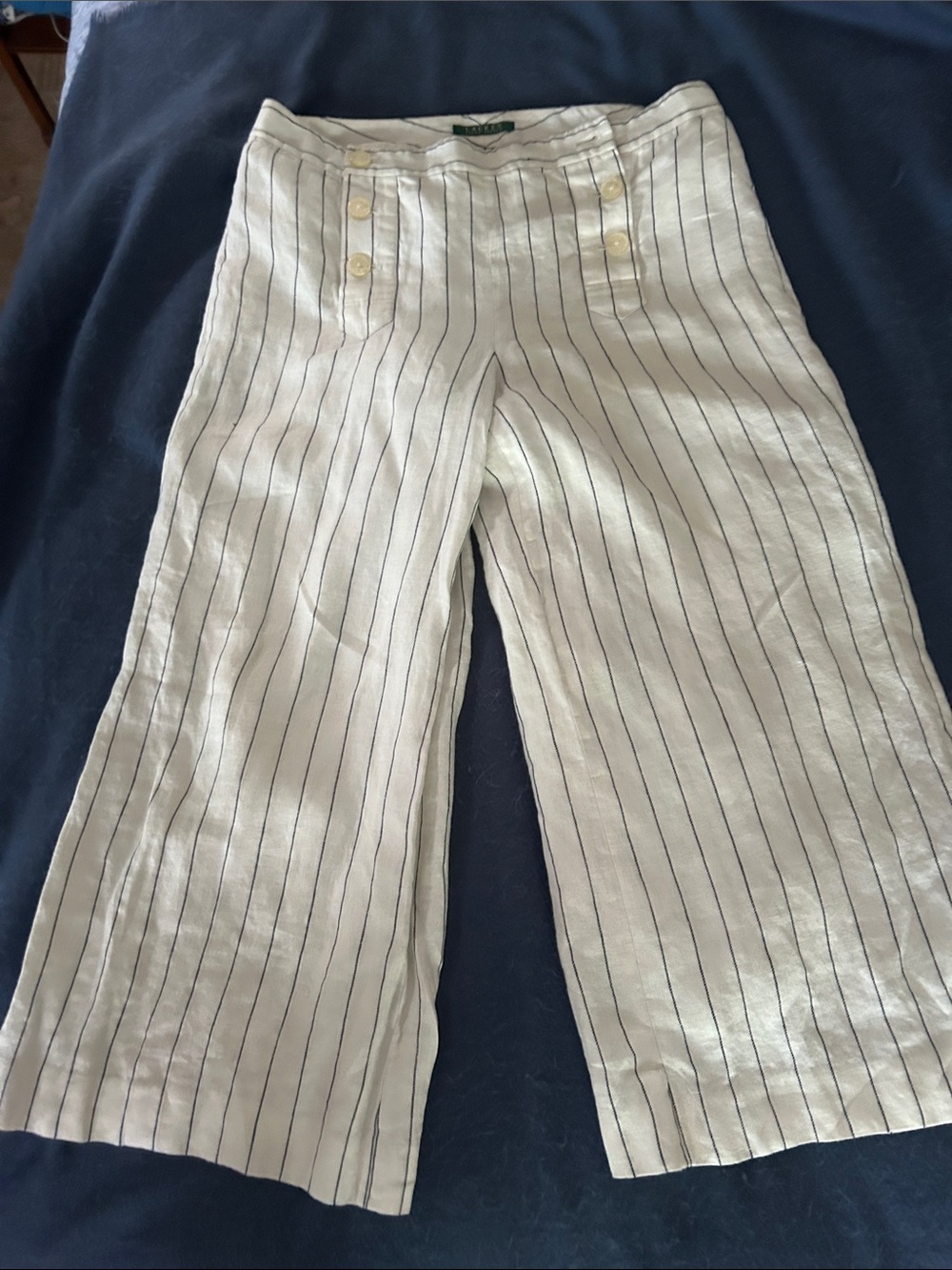 Ralph Lauren Cream Wide-Leg Linen-Blend Pants with Navy Pinstripes